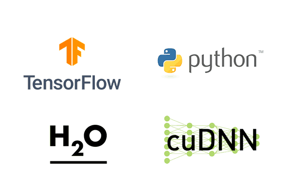 List of machine learning applications and tools including Tensorflow, Python, CuDNN, and H2O