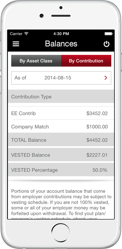 TRSRetire Mobile App - Retirement Planning Solutions - Balances Screen by Contribution