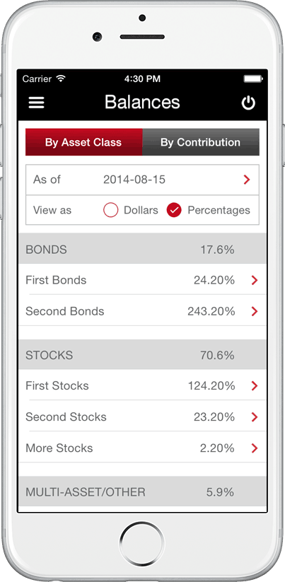 TRSRetire Mobile App - Retirement Planning Solutions - Balances Screen By Asset Class