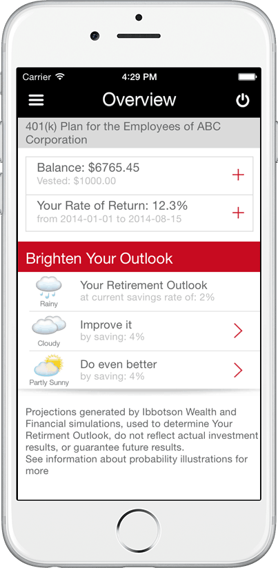 TRSRetire Mobile App - Retirement Planning Solutions - Overview Screen