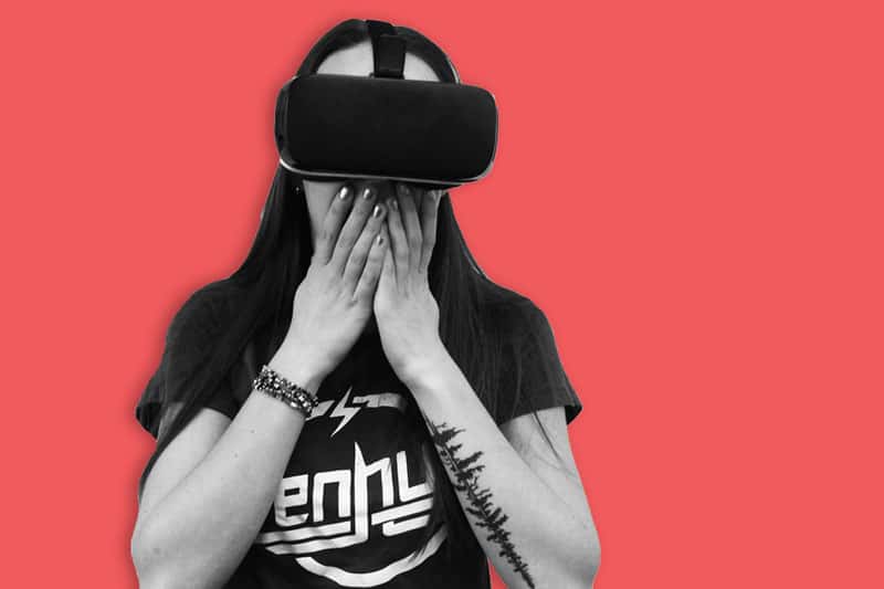 a woman with a vr headset on a red background
